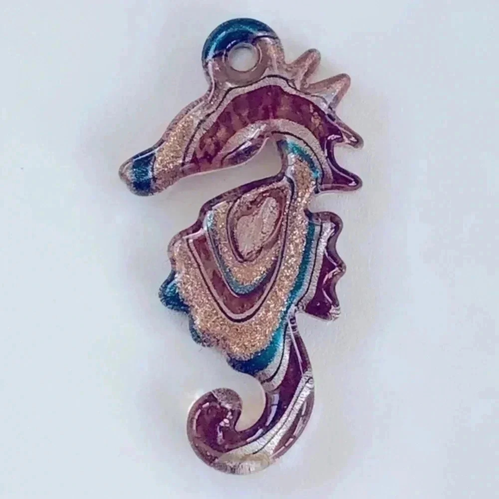 Brown, Blue & Gold Murano Glass Handmade Seahorse Necklace Pendant